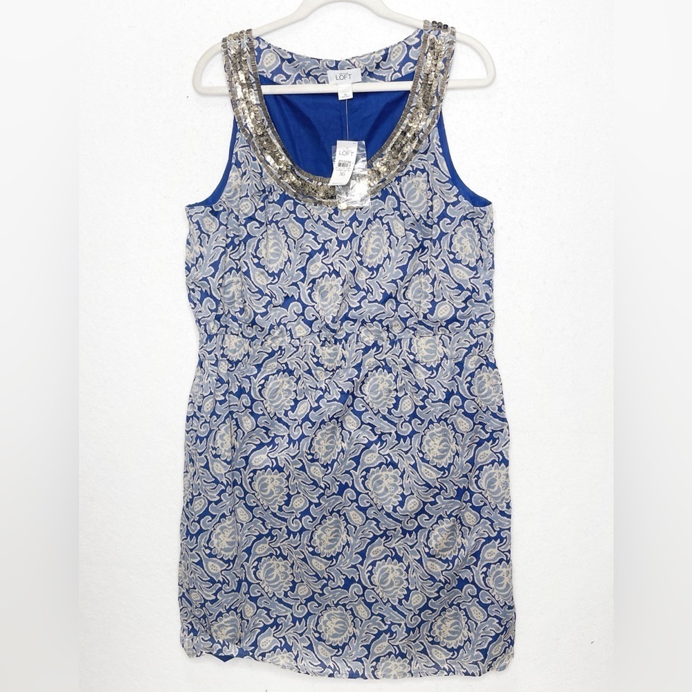 Ann Taylor Loft Filagree Floral Boho Sleeveless Blue Sequin Dress 100% Cotton 16